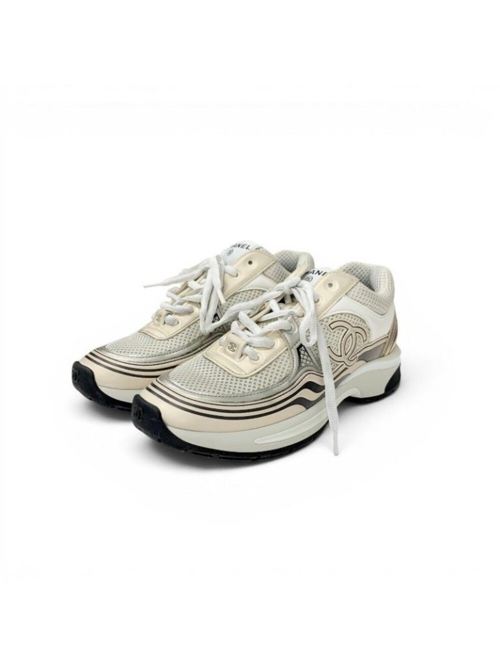 Chanel Sneakers Mesh Leather Beige Black White CC Logo